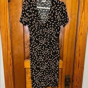 Anne Klein Black and Tan Faux Wrap Dress Size 8 Polka Dot Cute!